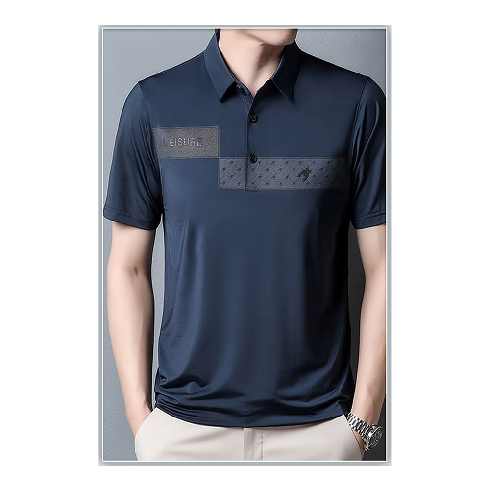 Stitch Half Sleeve Polo Shirt For Men - Navy Blue - POLO - 014