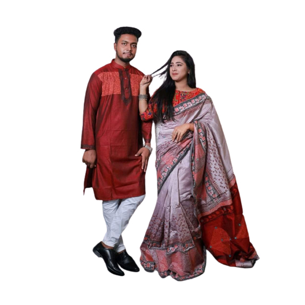 Exclusive Couple Set Saree With Panjabi - Maroon - CS-B3