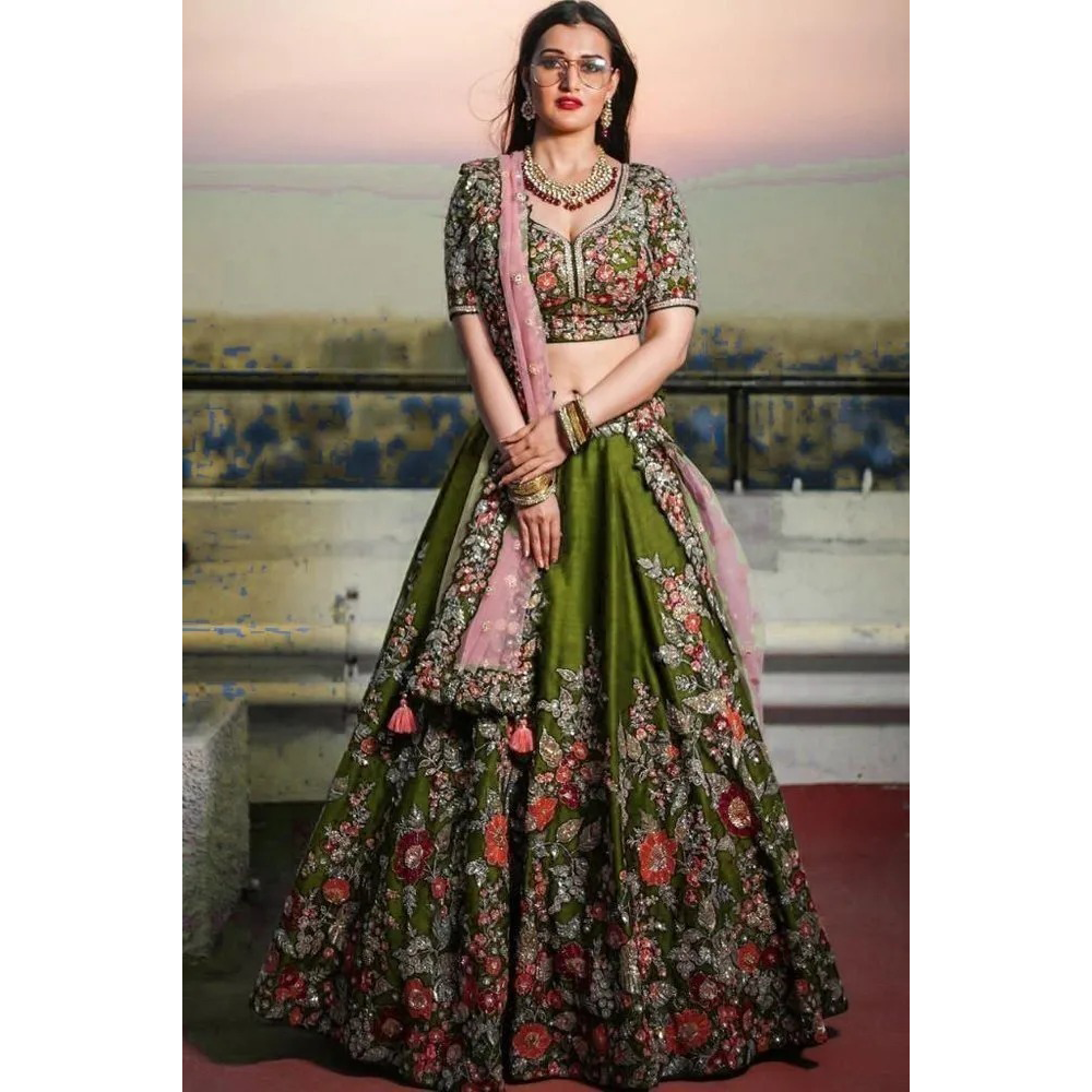 Embroidery Lehenga Readymade Party Dress for Women - Olive - HP-MLPD-427