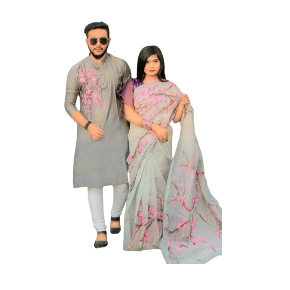 Half Silk Saree and Silk Cotton Panjabi Set For Couple - Gray - CS-43