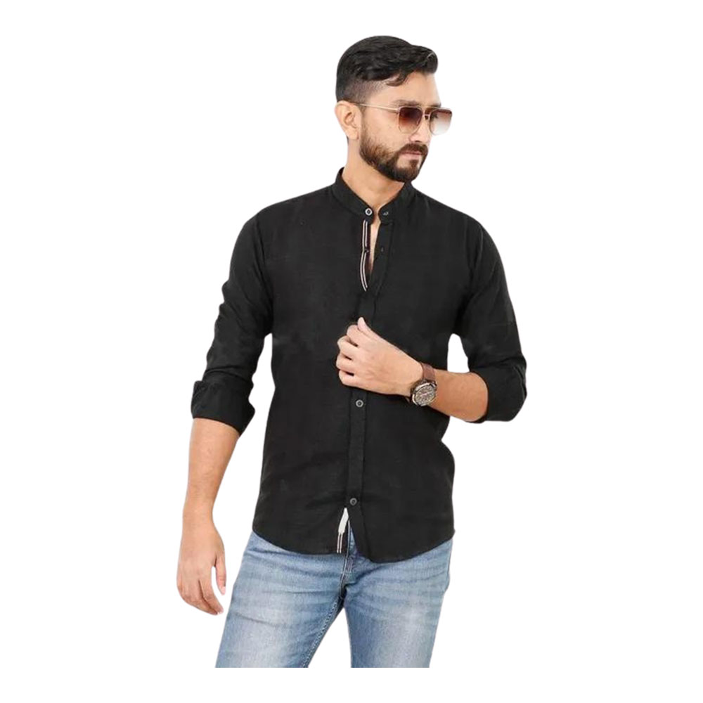 Cotton Casual Band Collar Shirt For Men - Black