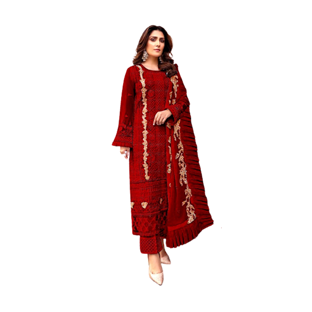 Three Pcs For Women Georgette and Butter Silk - Red