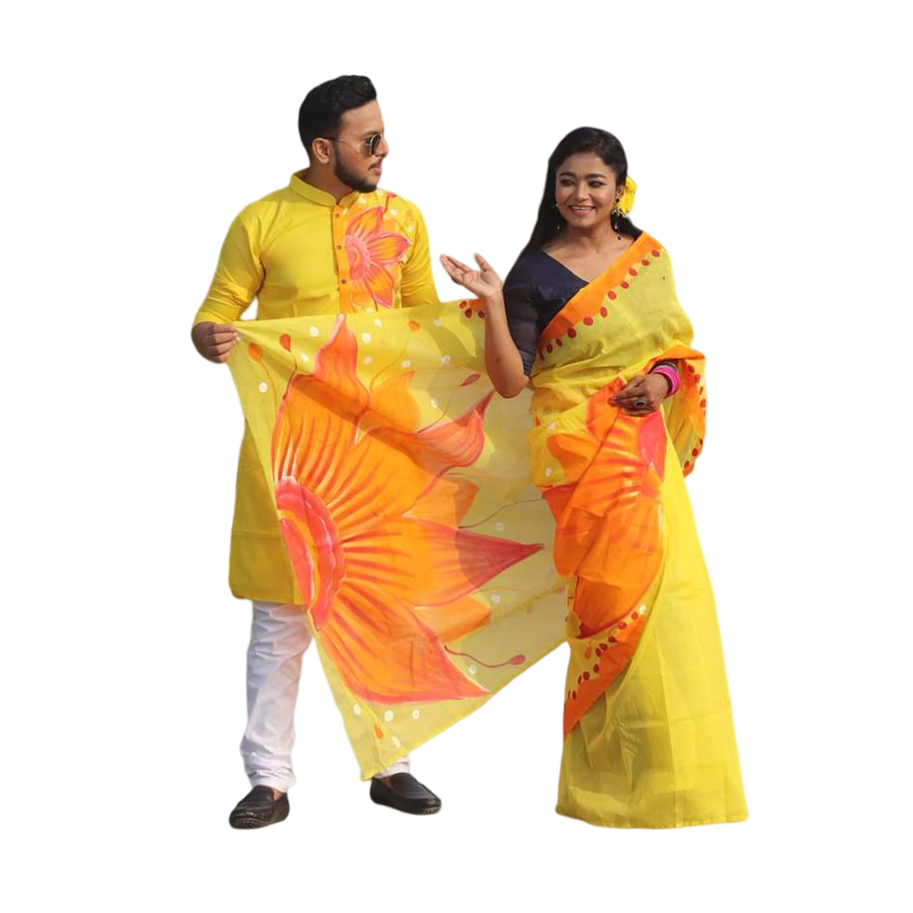 Combo of Half Silk Hand Print Saree And Dhupian Panjabi