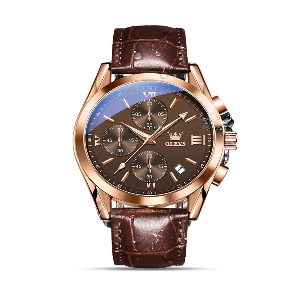 Olevs 2872 PU Leather Wrist Watch For Men - Brown