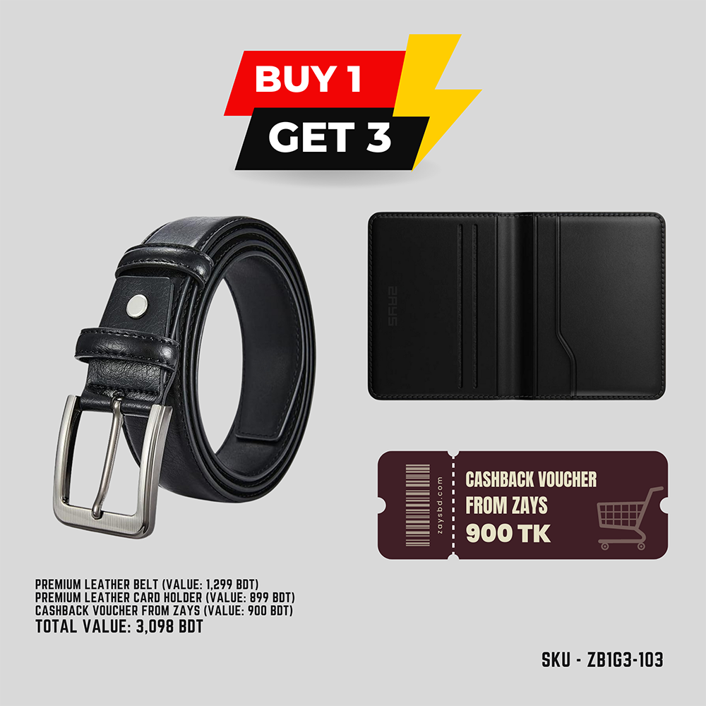 Special B1G3 Offer Buy a Premium Leather Belt and Get a Free Leather Card Holder Wallet - 900 BDT Cashback Voucher from ZAYS - Limited Time Deal - ZB1G3-103 - Black