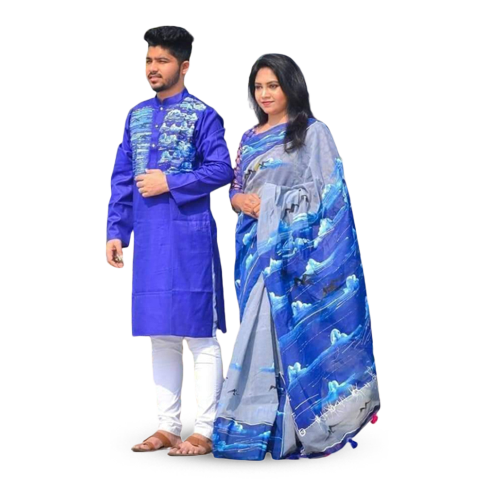 Hand Printed Saree With Panjabi Couple Set - Blue - CS-83