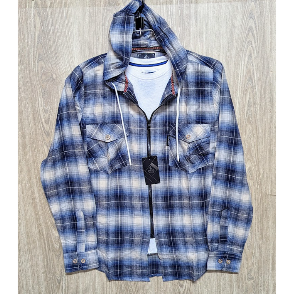 Flannel Cotton Hooded Shirt - Blue - SP0011