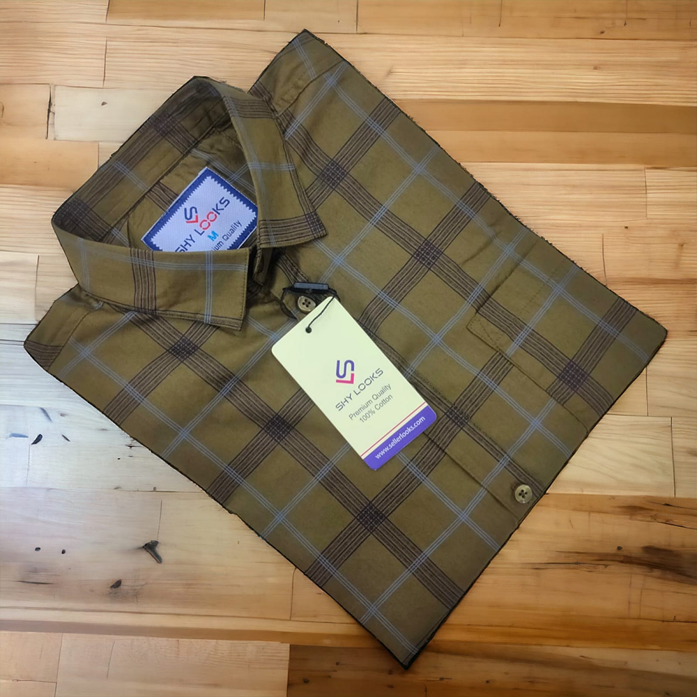 Cotton Full Sleeve Check Shirt for Men - Olive