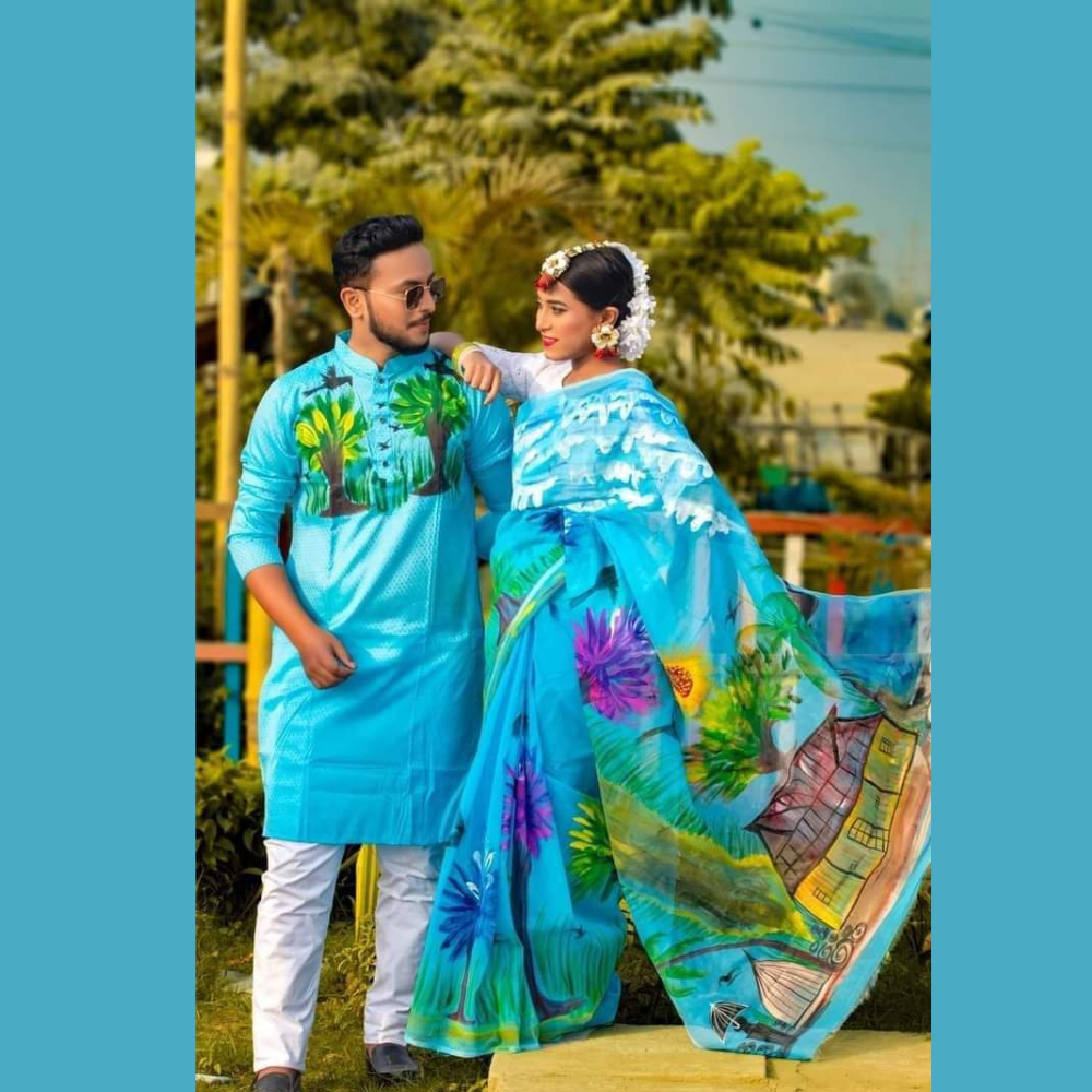 Half Silk Block Print Saree and Silk Cotton Panjabi For Couple - CS01