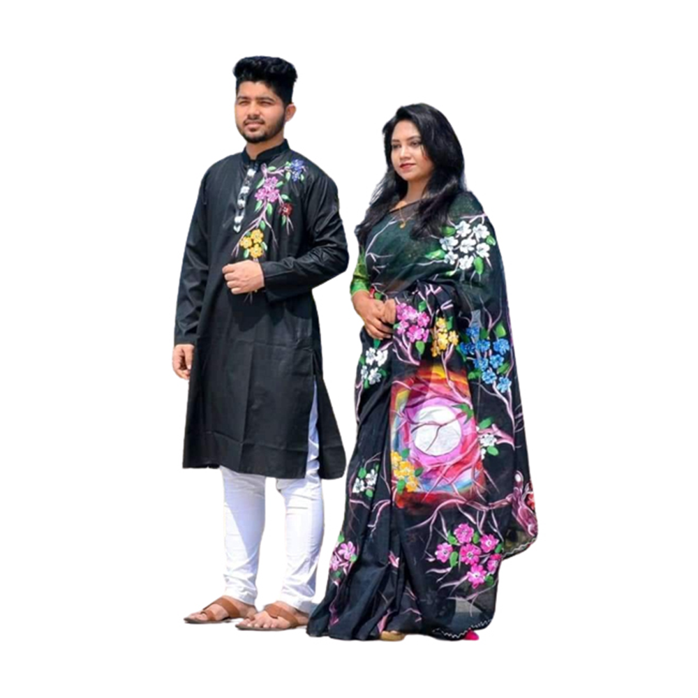 Hand Print Couple Set Saree With Panjabi - Black - CS-78