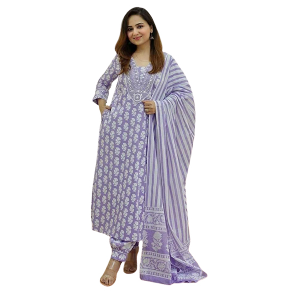 Cotton Printed Readymade Salwar Kameez For Women - White - GR-05