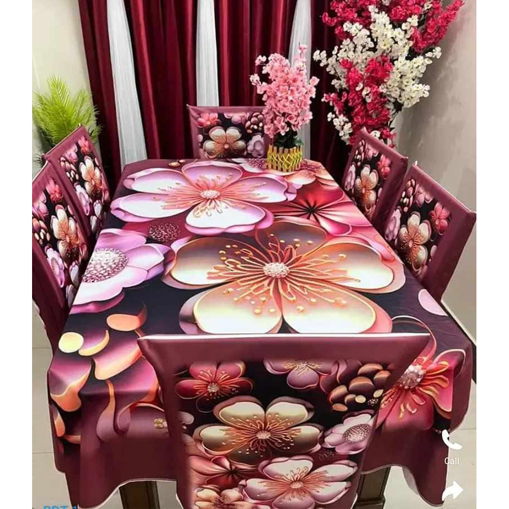 Korean Velvet 3D Print Dining Table Cloth and Chair Cover Set 7 In 1 - HS 00089