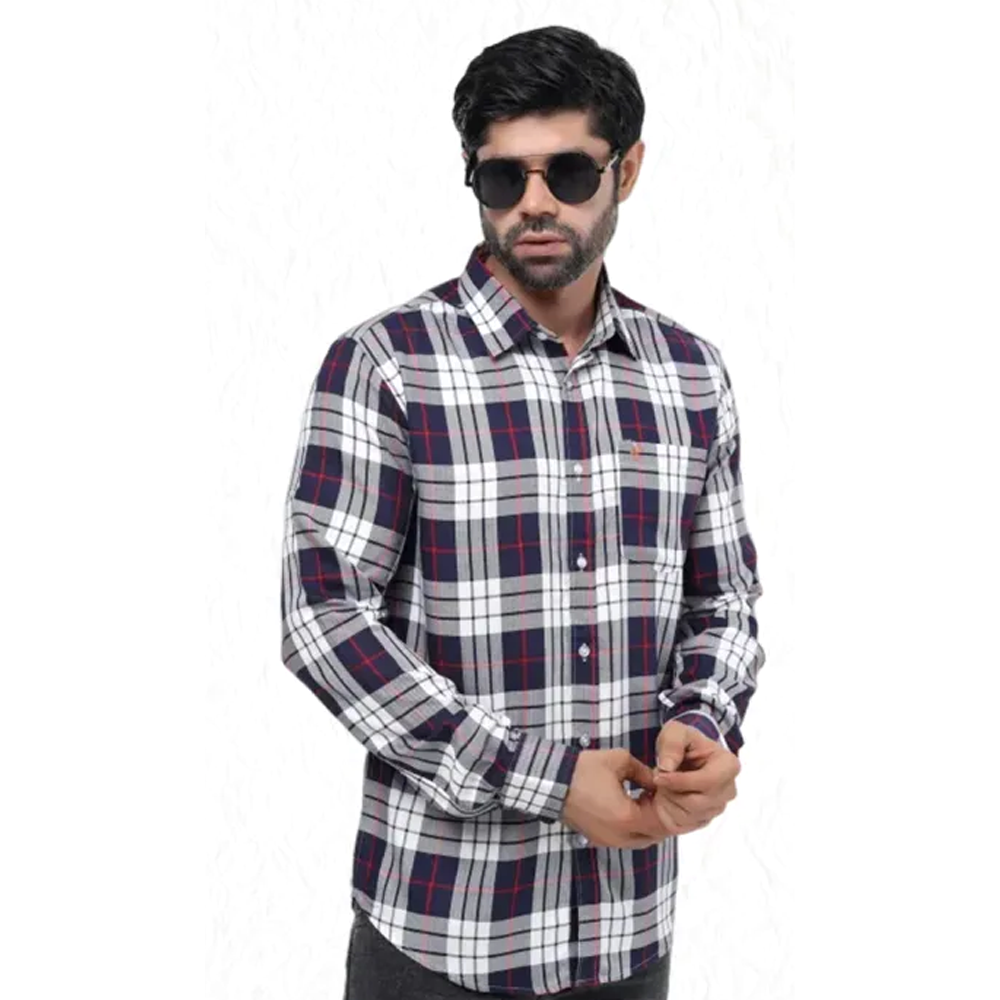 Cotton Full Sleeve Casual Check Shirt For Men - Navy Blue