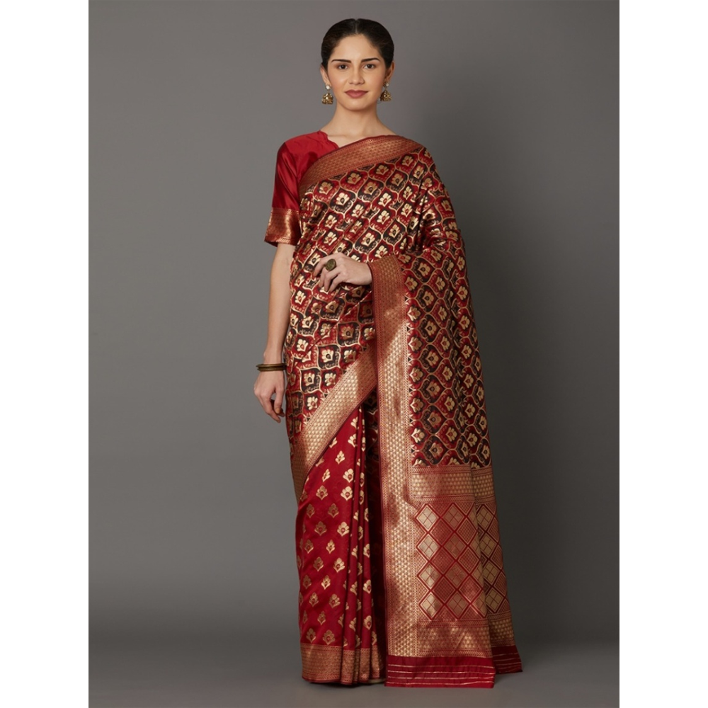 Silk Printed Saree With Blouse Piece For Women - Maroon - MN-717