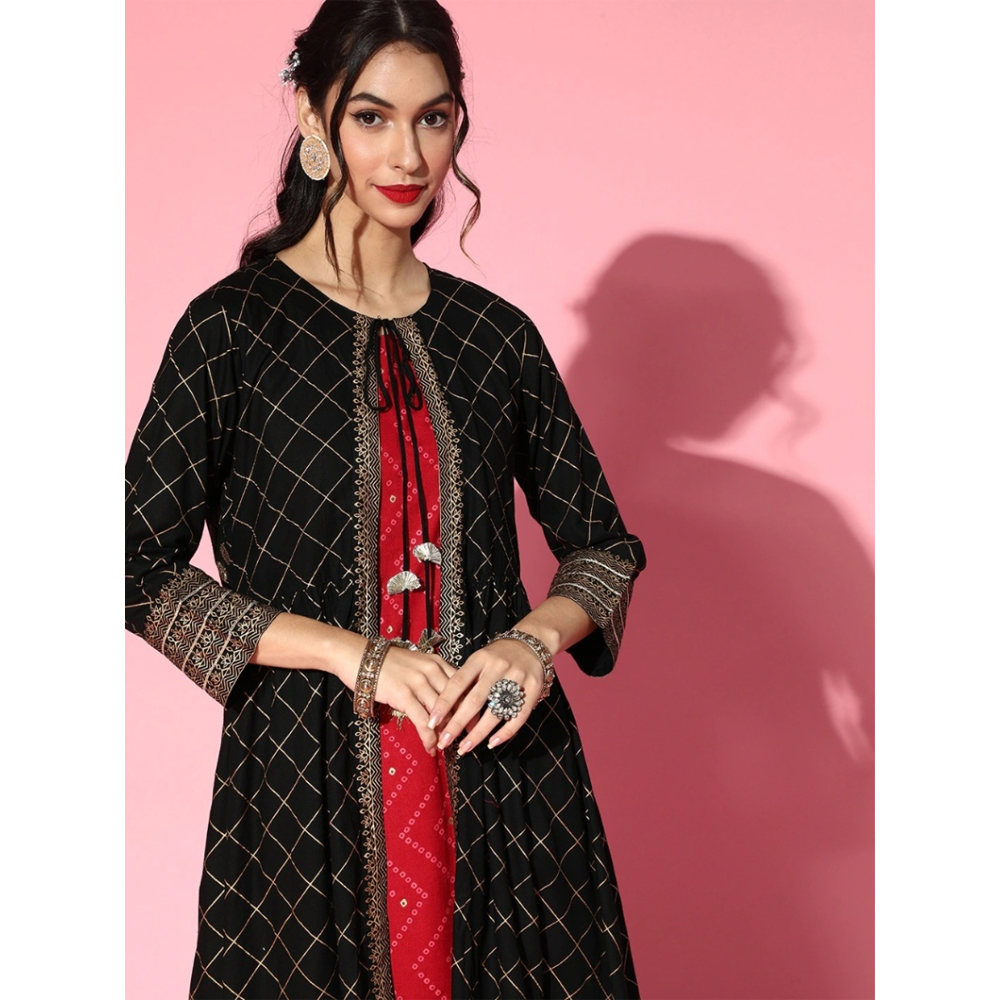 AC Cotton Printed Long kurta Three Piece For Women - Black and Red