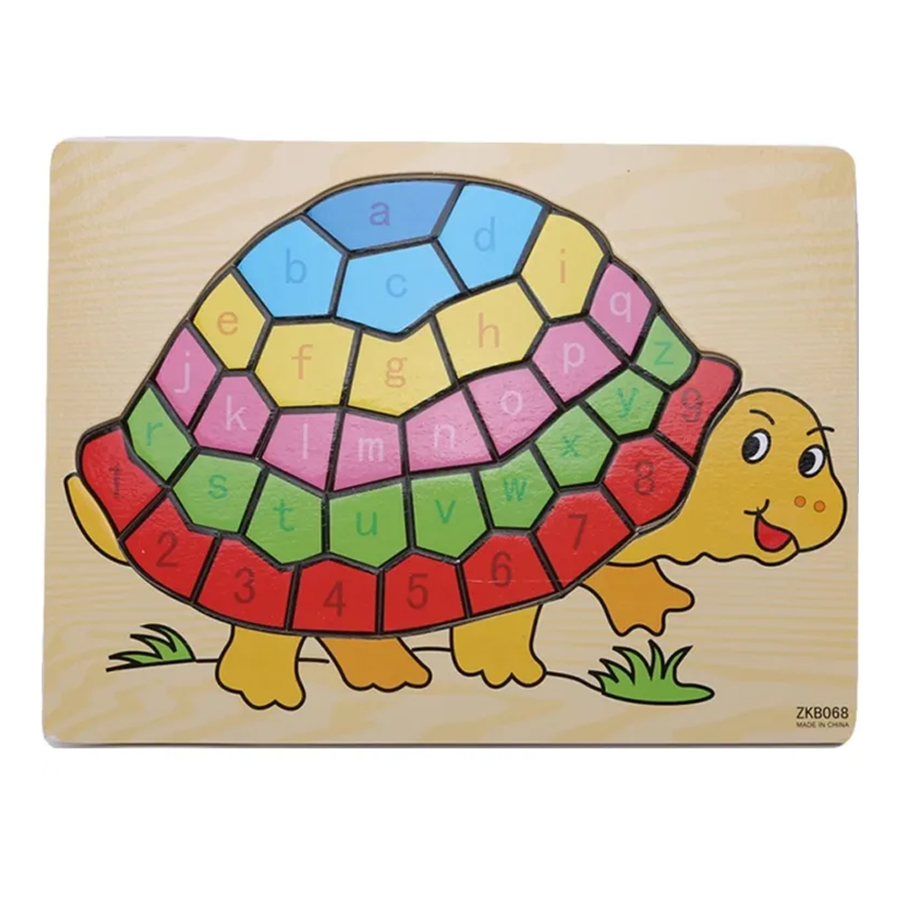 Wooden 3D Cartoon Turtle Alphabet Number Puzzle Educational Toy For Children