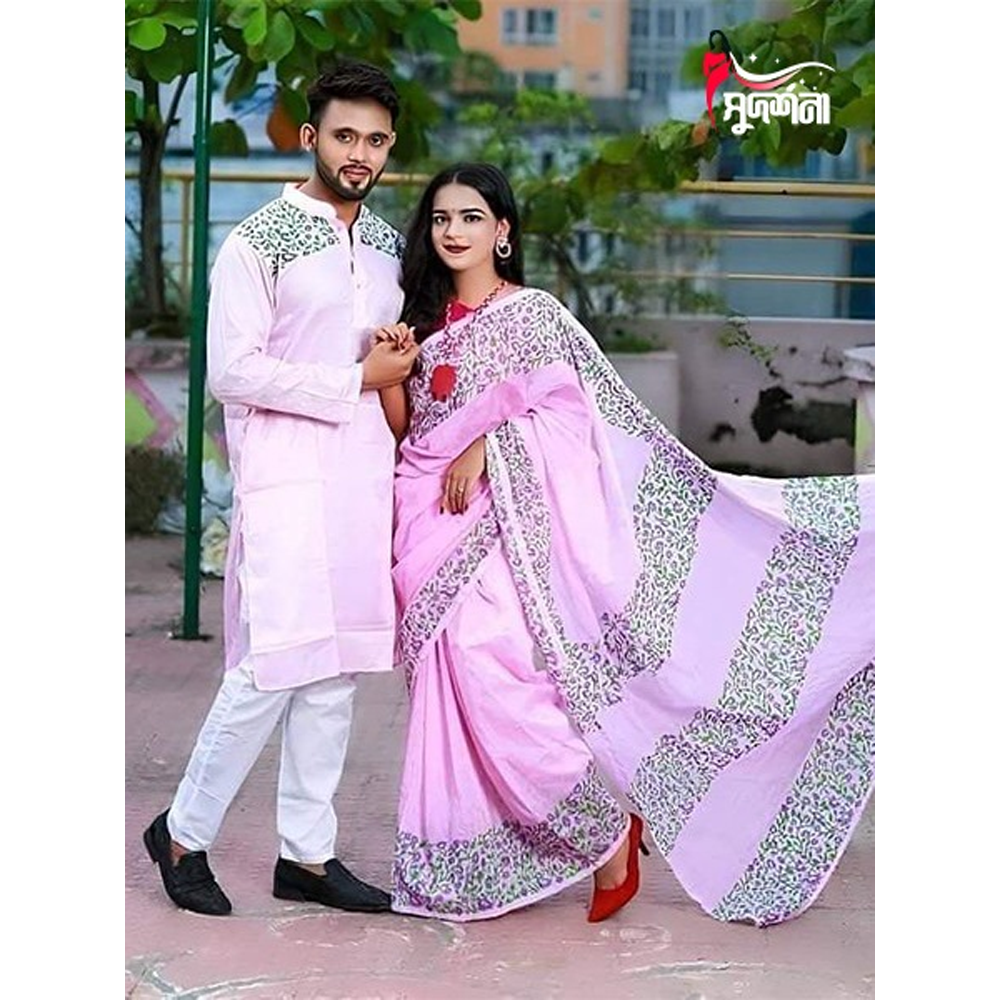 Dhupian Block Print Silk Saree and Dhupian Silk Panjabi for Couple - Multicolor - 0025