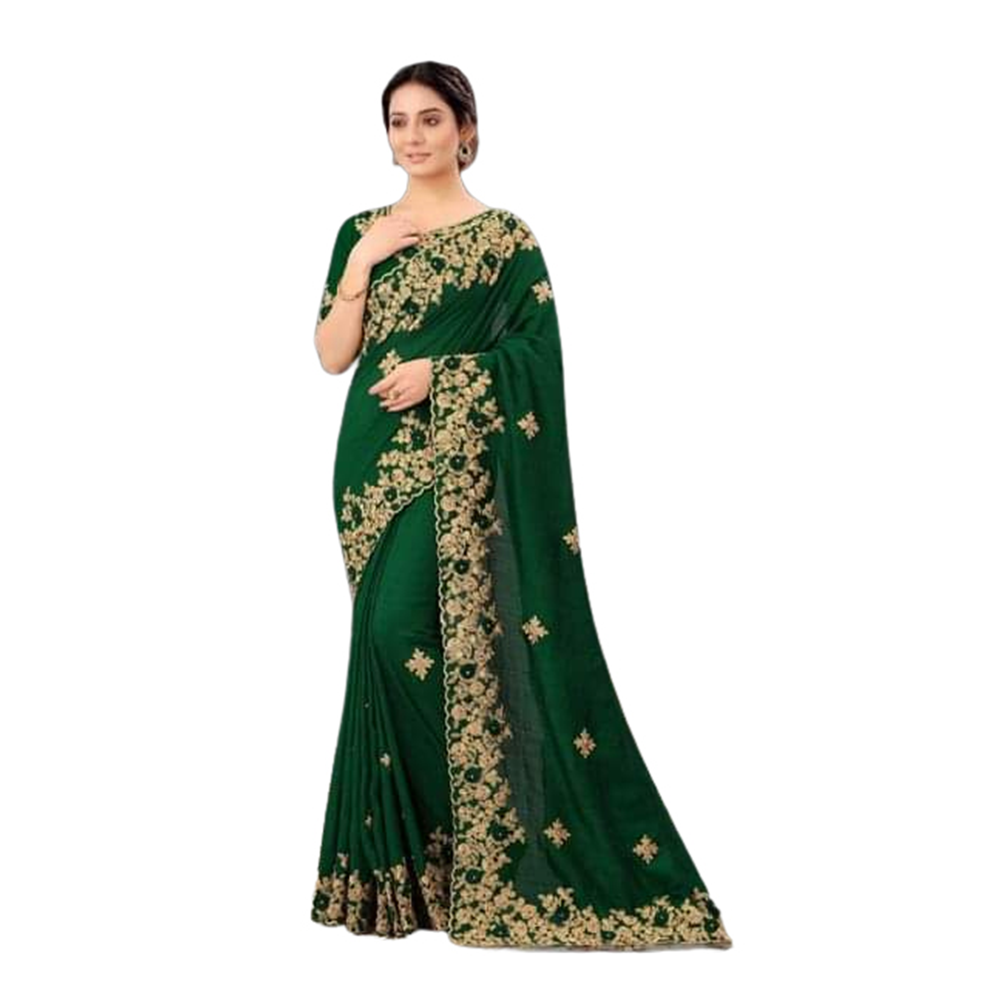 Soft Georgette Embroidery Saree With Blouse Piece For Women - Green - SJ-17