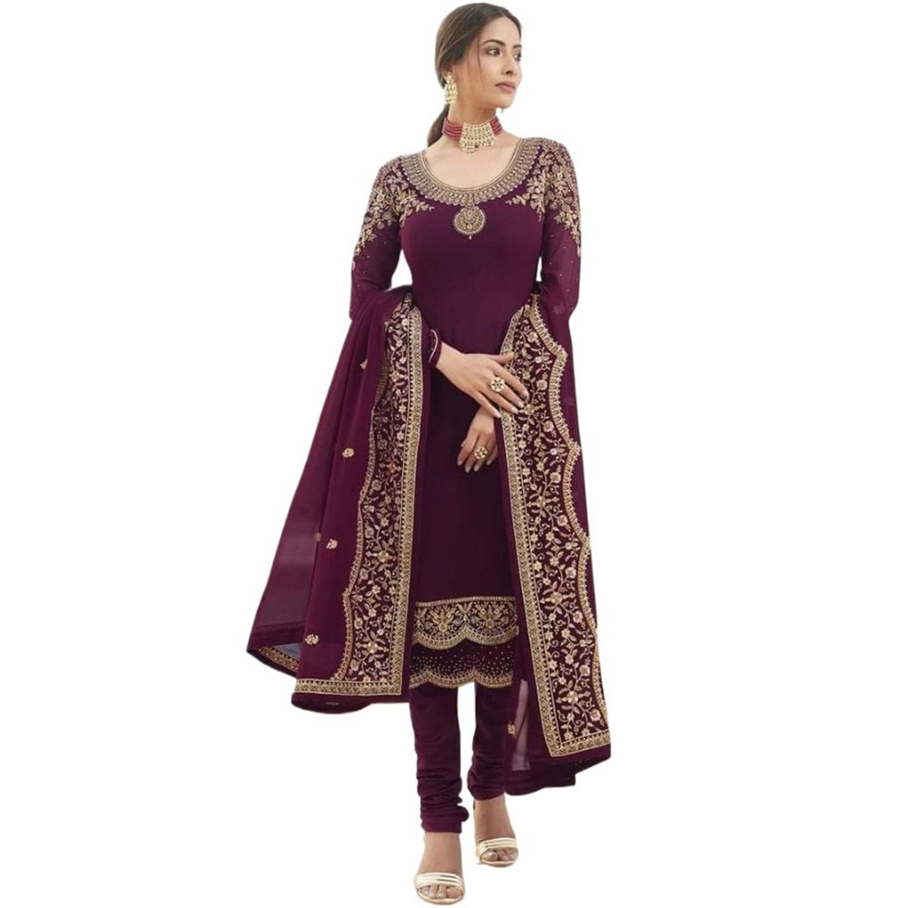 Georgette Embroidery Semi-Stitched Party Salwar Kameez for Women - Maroon