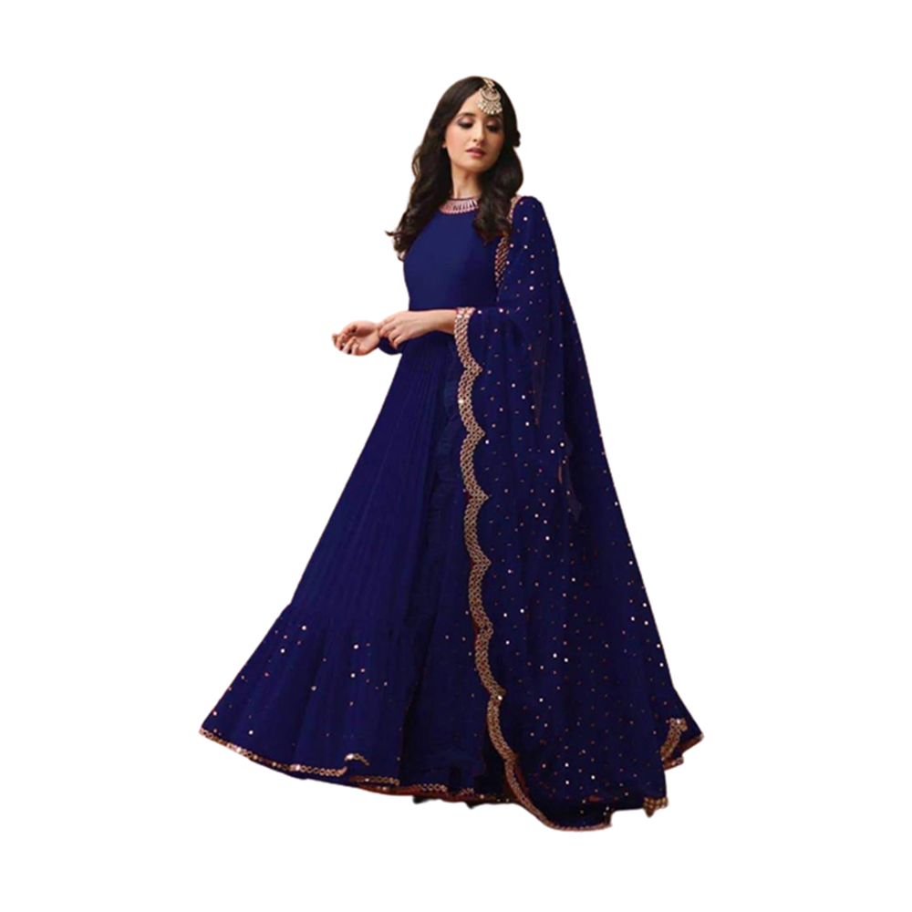 Georgette Unstitched Embroidery Long Gown 4 Pcs For Women - Navy Blue- G-L02