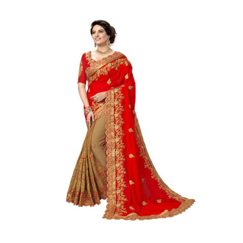 Embroidery Work Weightless Georgette Saree With Blouse For Women - Red and Tan