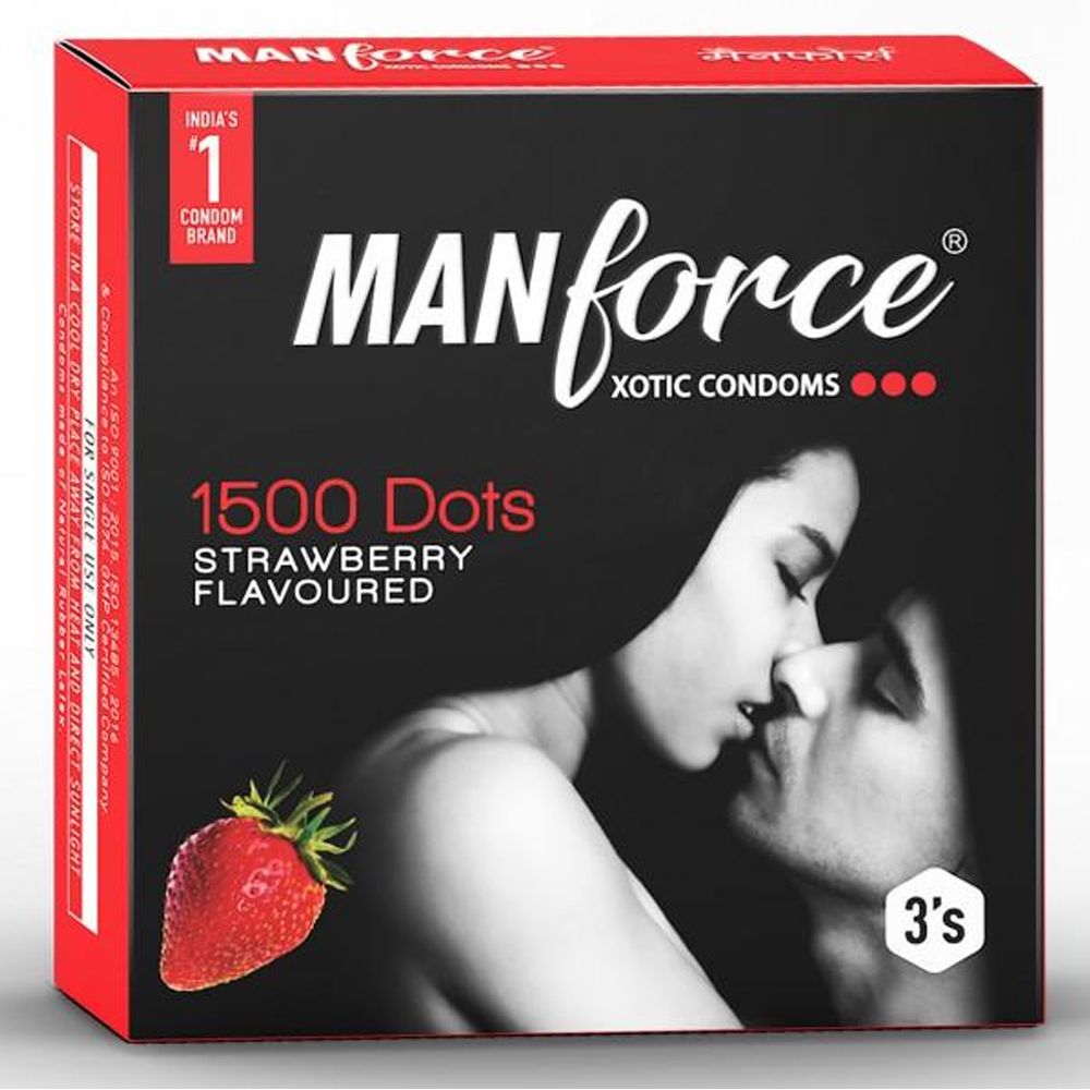 Manforce 3 in1 Wild Ribbed Contour Dotted Condom - Strawberry - 3Pcs