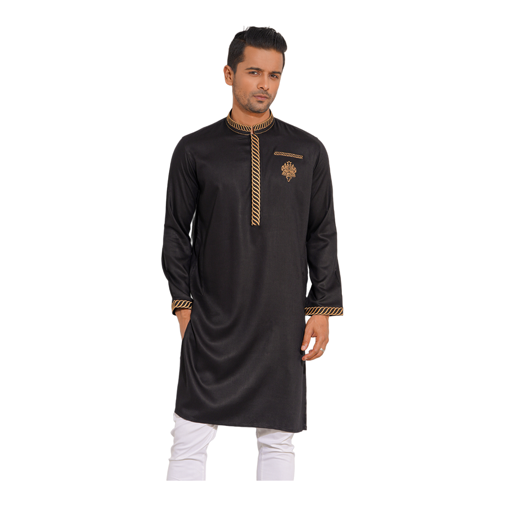 Aman Cotton Embroidery Panjabi For Men - Black - AP-12