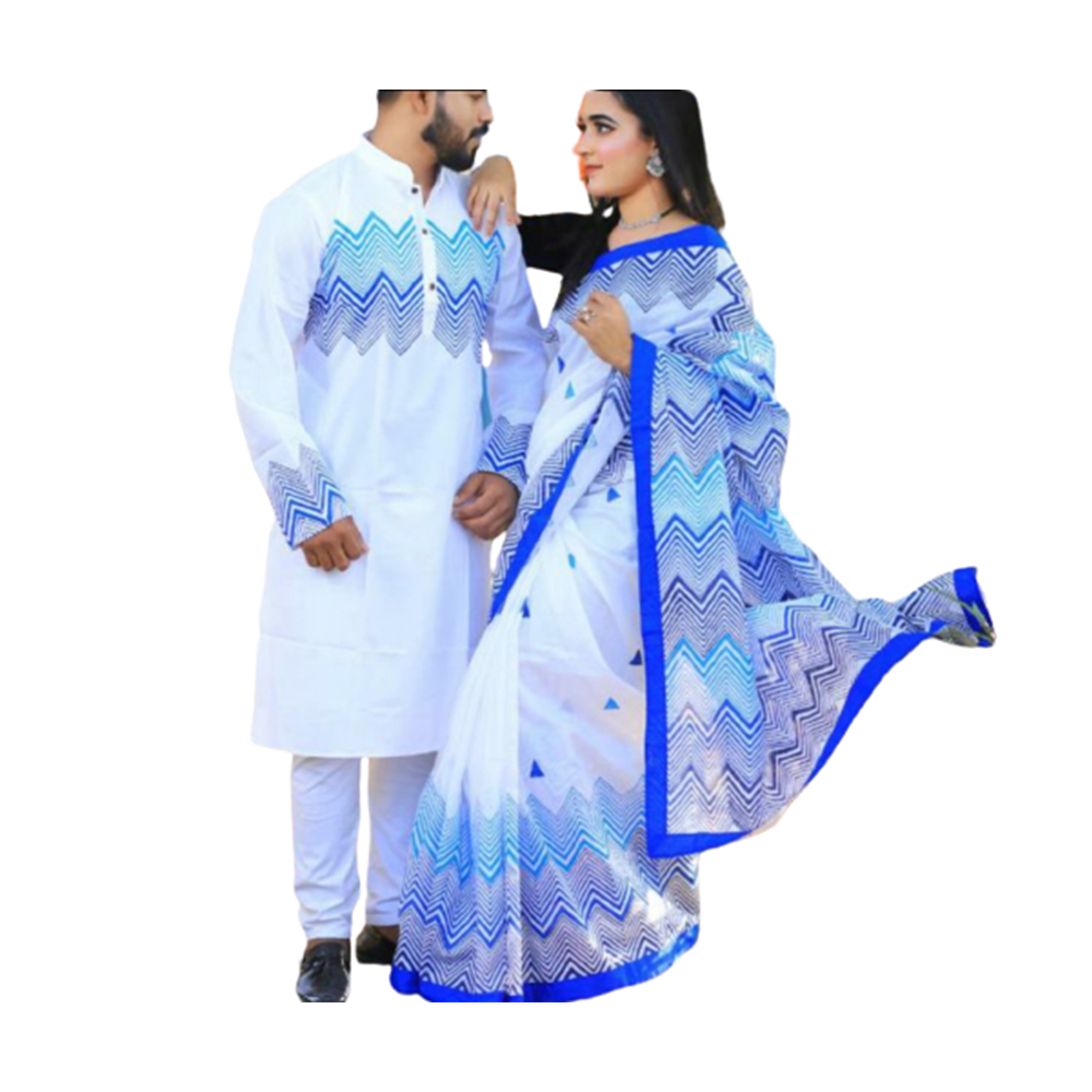 Exclusive Couple Set Saree With Panjabi - White and Blue - CS-B1