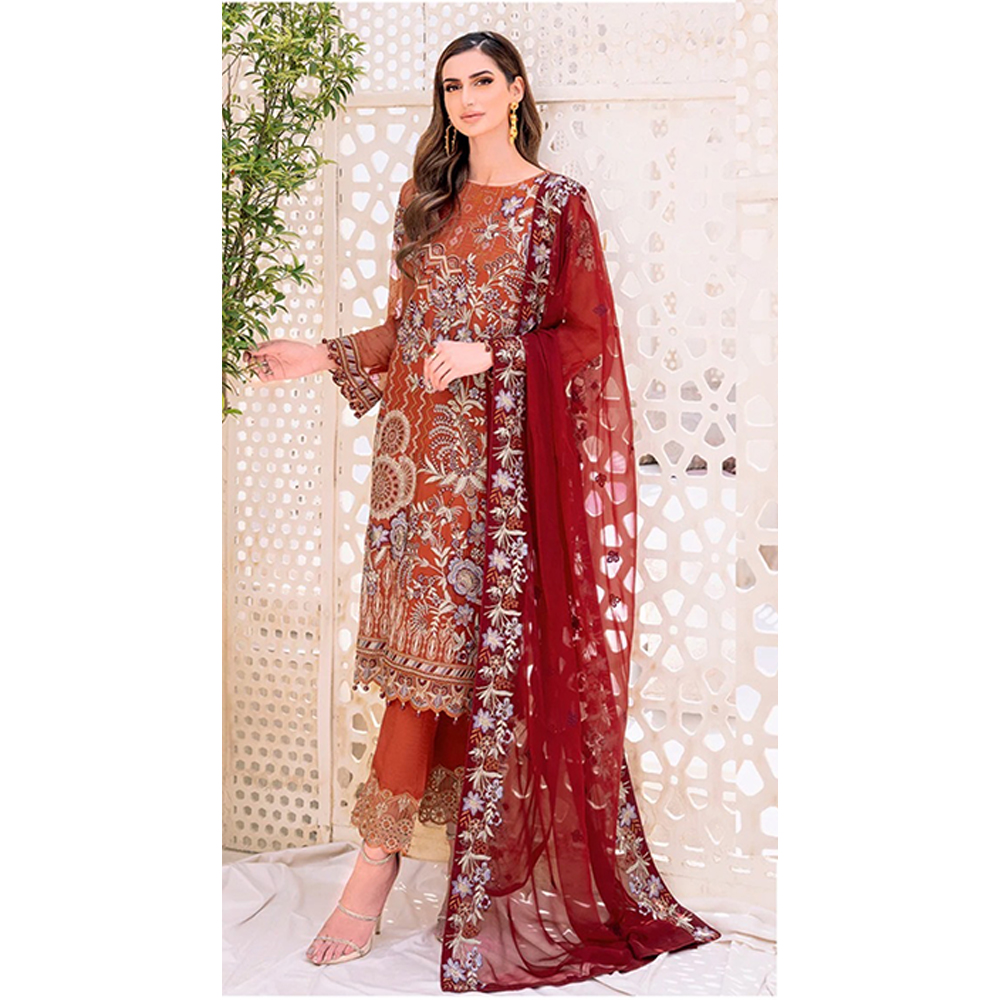 Unstitched Net Embroidered Salwar Suits  For Women - Indian Red - S-8093