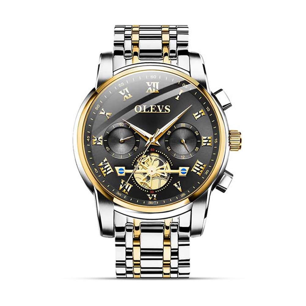 Olevs 2859 Stainless Steel Wrist Watch for Men - Golden Black