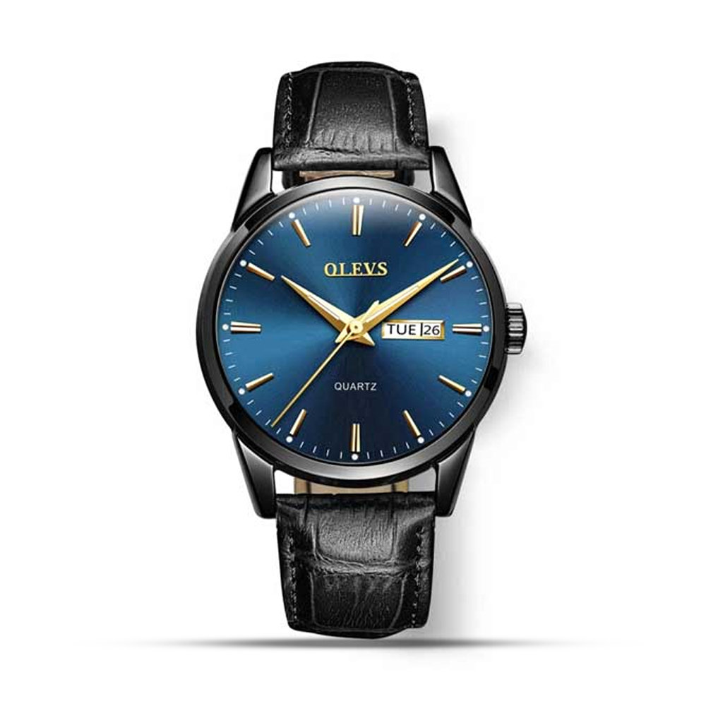 Olevs 6898 PU Leather Wrist Watch For Men - Black and Blue