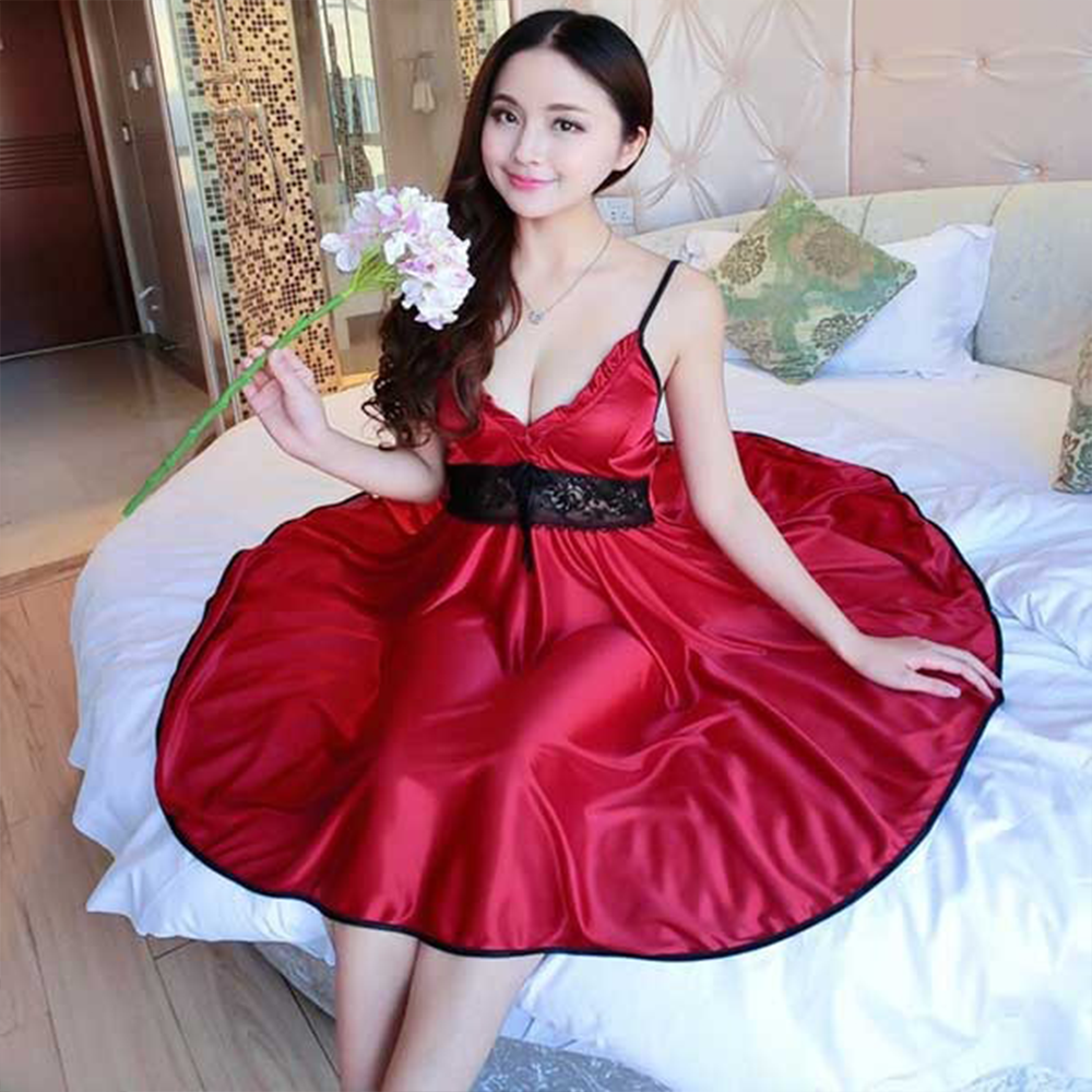 Silk Satin Sleepwear Night Dress With Panty - Red - ND-43