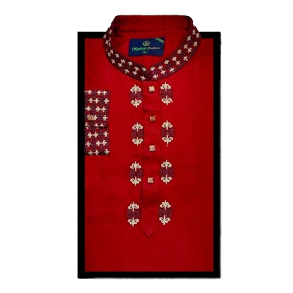 Cotton Digital Print Semi Long Embroidery Panjabi For Men - Red - PS-04