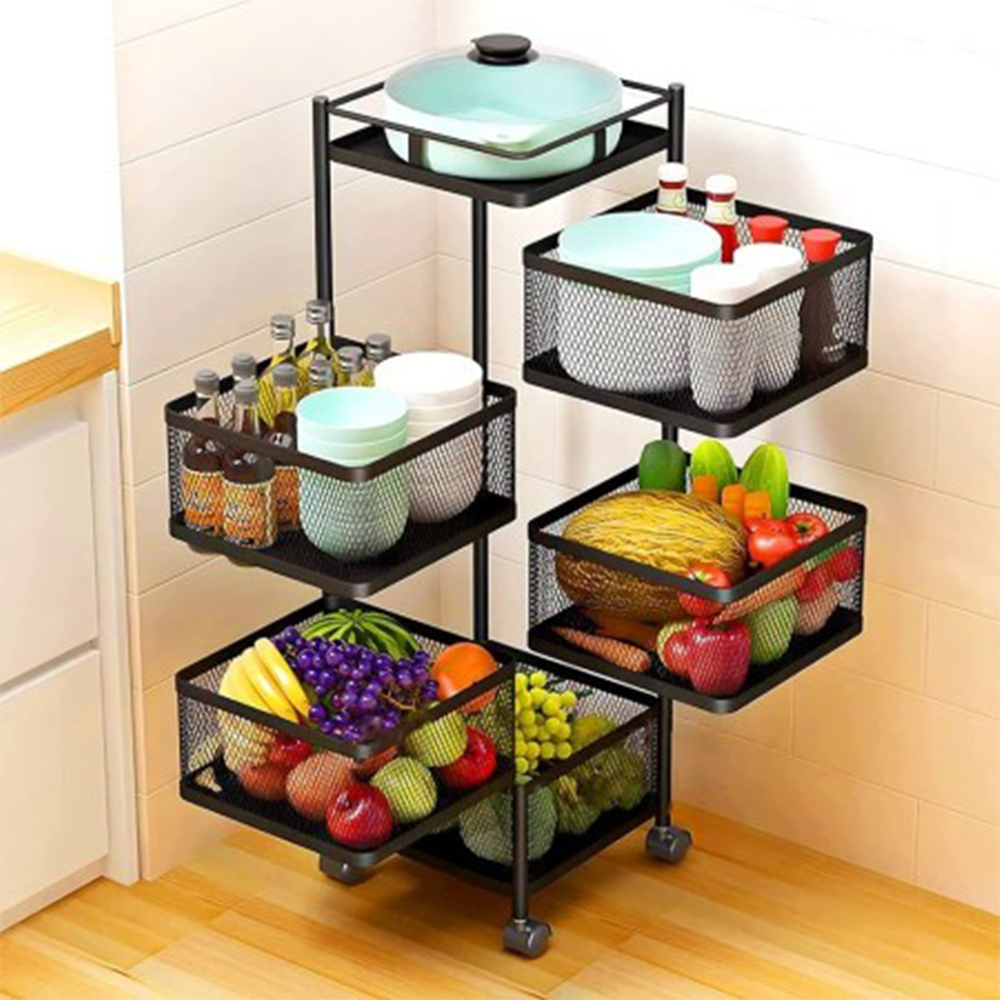 Aluminum 5 Layer 360 Degree Rotating Kitchen Storage Rack - Black