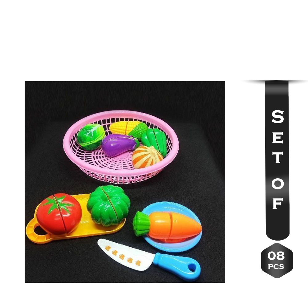 Set of 8 Pcs Play Food Toys Cutting Fruit And Vegetable Cutter Set With Basket - Multicolor - 132108076
