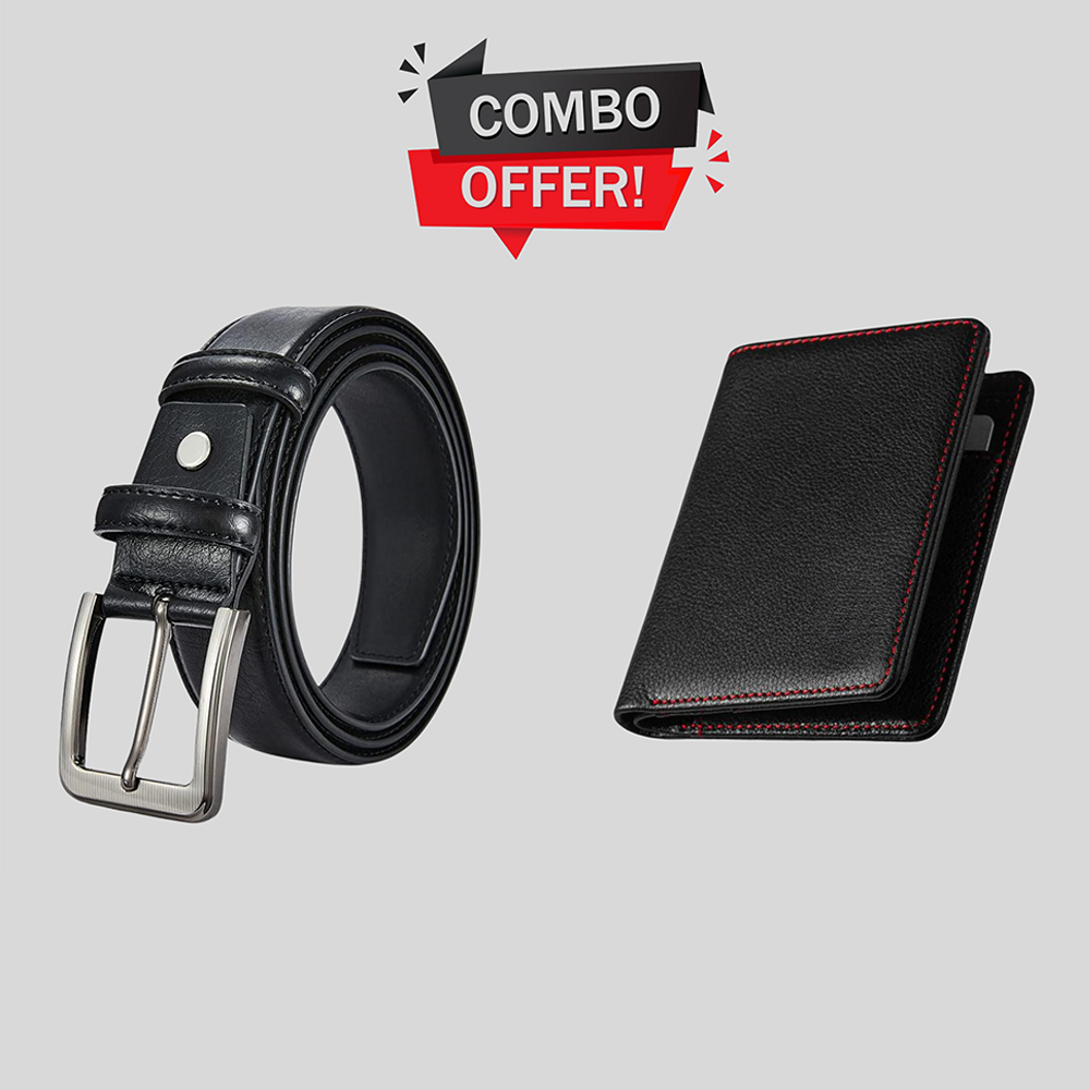 Zays Premium Leather Combo Pack Wallet And Durable Belt For Men And Women - Black - ZCO105