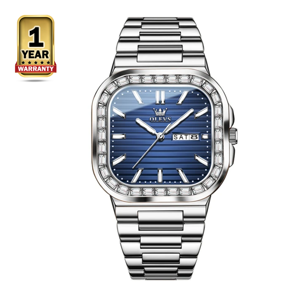 Olevs 9966 Stainless Steel Analog Wrist Watch For Men - Royal Blue And Silver