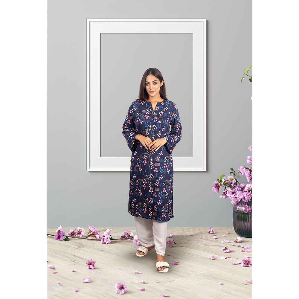 Viscose Printed Kurtis For Women - Navy Blue - ELV007