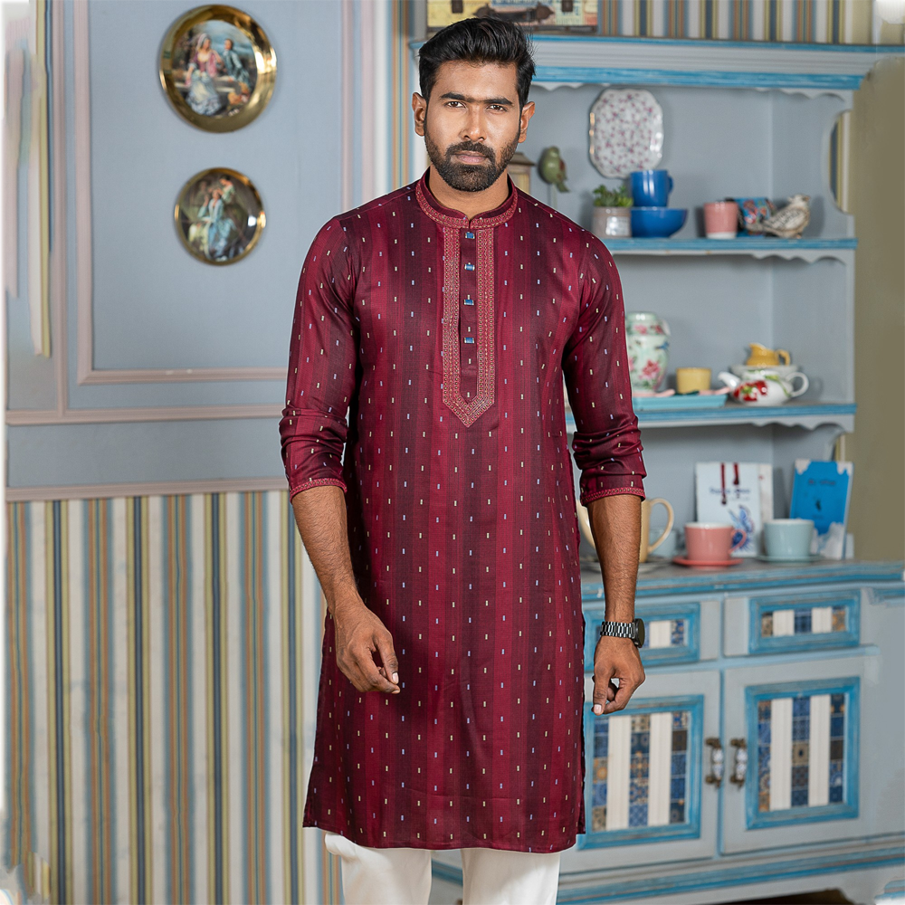 Cotton Panjabi For Men - Maroon - 4917