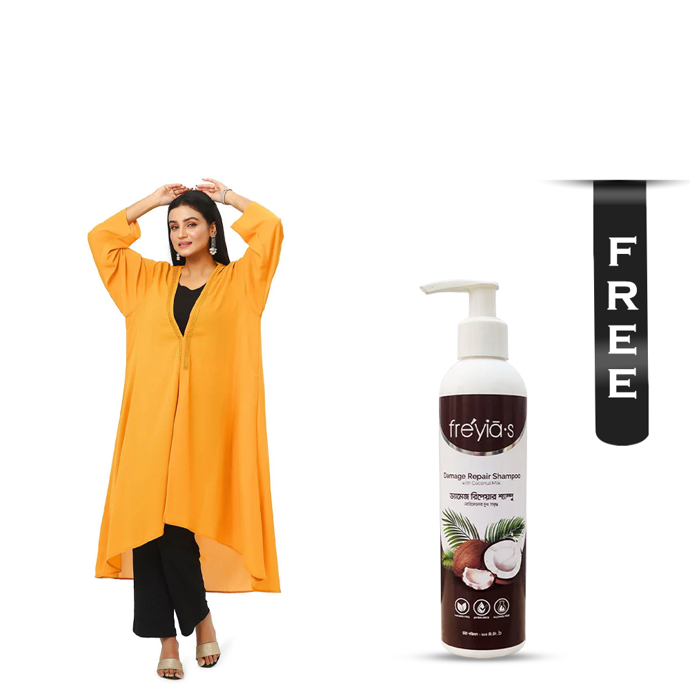 Buy Hiba Double georgette fabric Shrug for Women - 0823 000228 - Mustard Yellow and Get Freyias Damage Repair Shampoo with Coconut Milk - 220ml Free