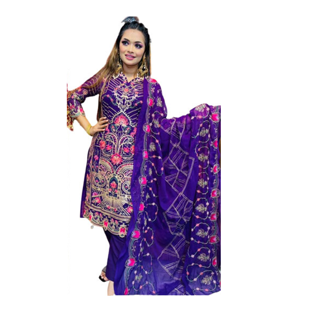 Soft Georgette Embroidery Unstitched Salwar Kameez For Women - Purple - 4G-22