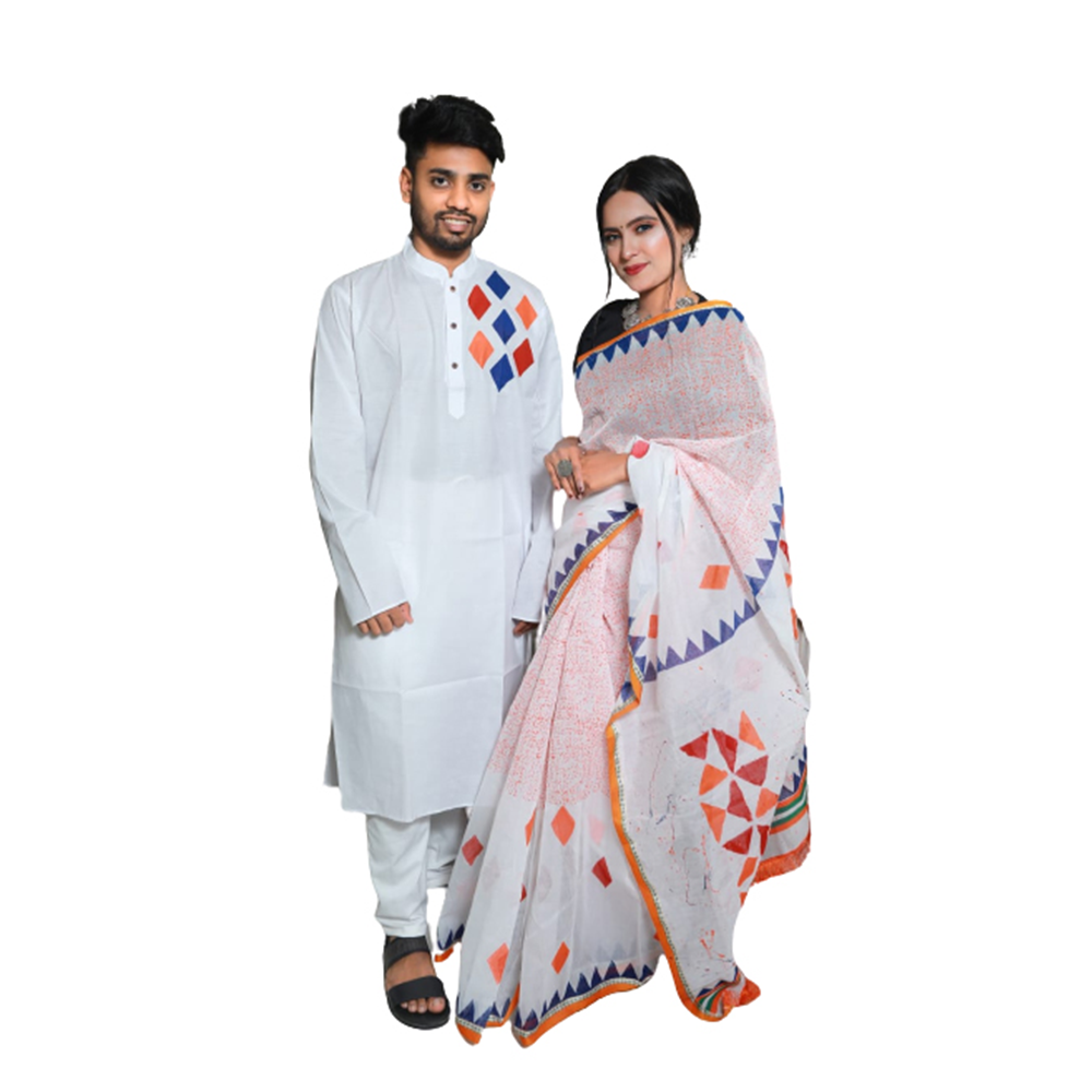 Exclusive Couple Set Saree With Panjabi - White - CS-B10