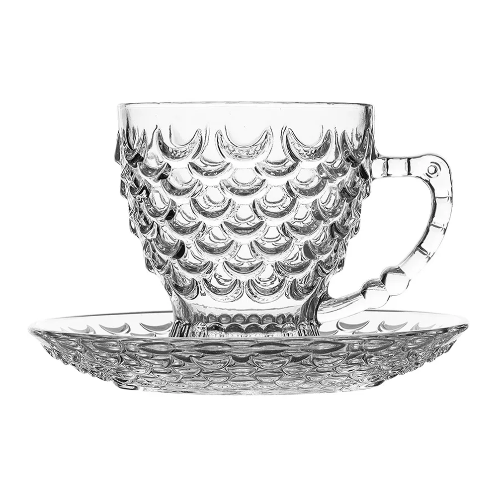 Fish Scale Design Crystal Glass Coffee Cup with Saucer - Transparent