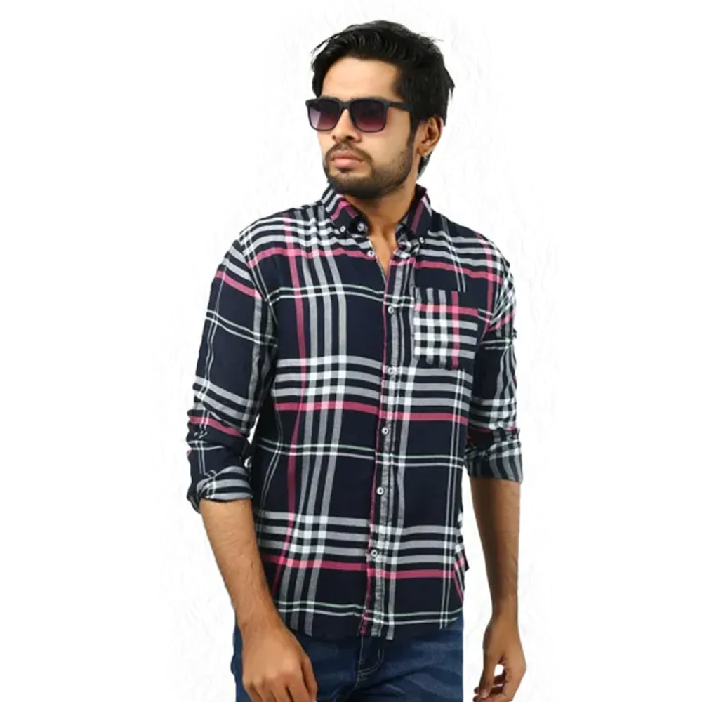 Cotton Full Sleeve Casual Check Shirt For Men - Navy Blue and Pink