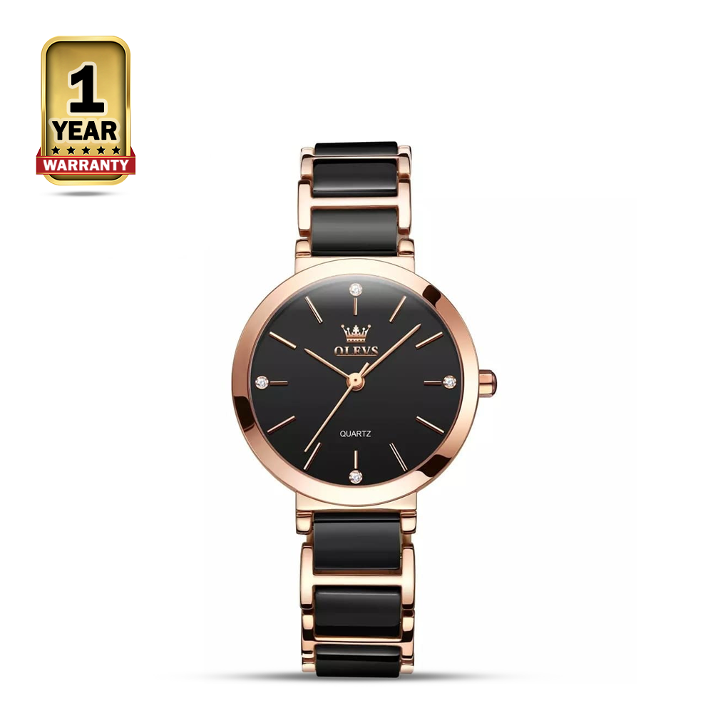 OLEVS 5877 Stainless Steel Ceramics Quartz Watch For Women - Black and Rose Gold
