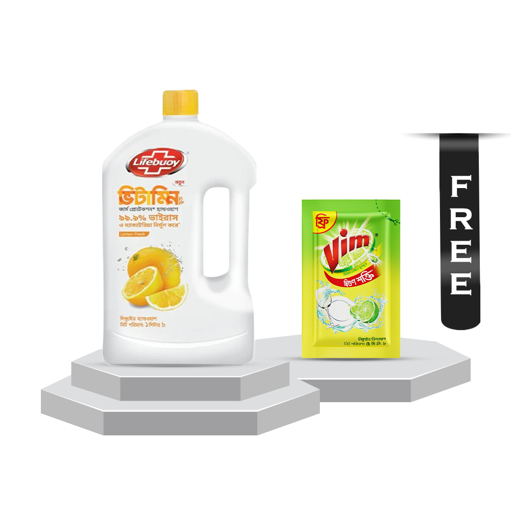 Lifebuoy Lemon Fresh Handwash - 1 Liter With Vim Liquid Dish Washer - 5ml Free