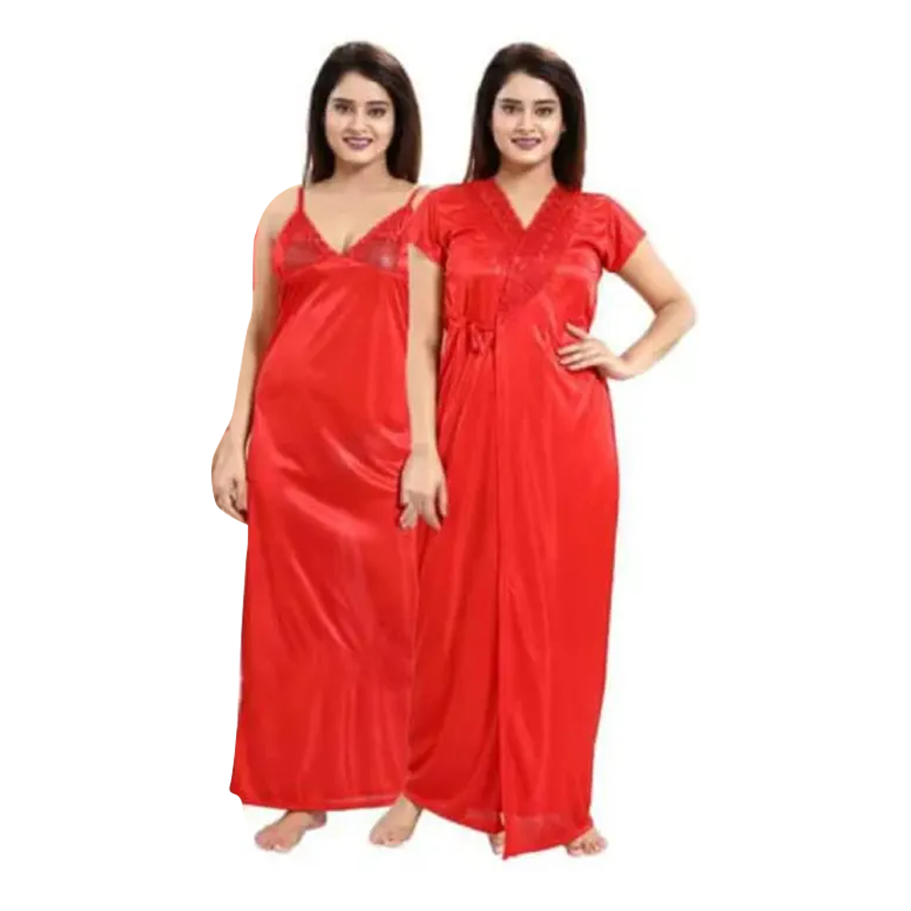 Two Part Satin Solid Dhoti Kurta Women Nighty Set Sleepware