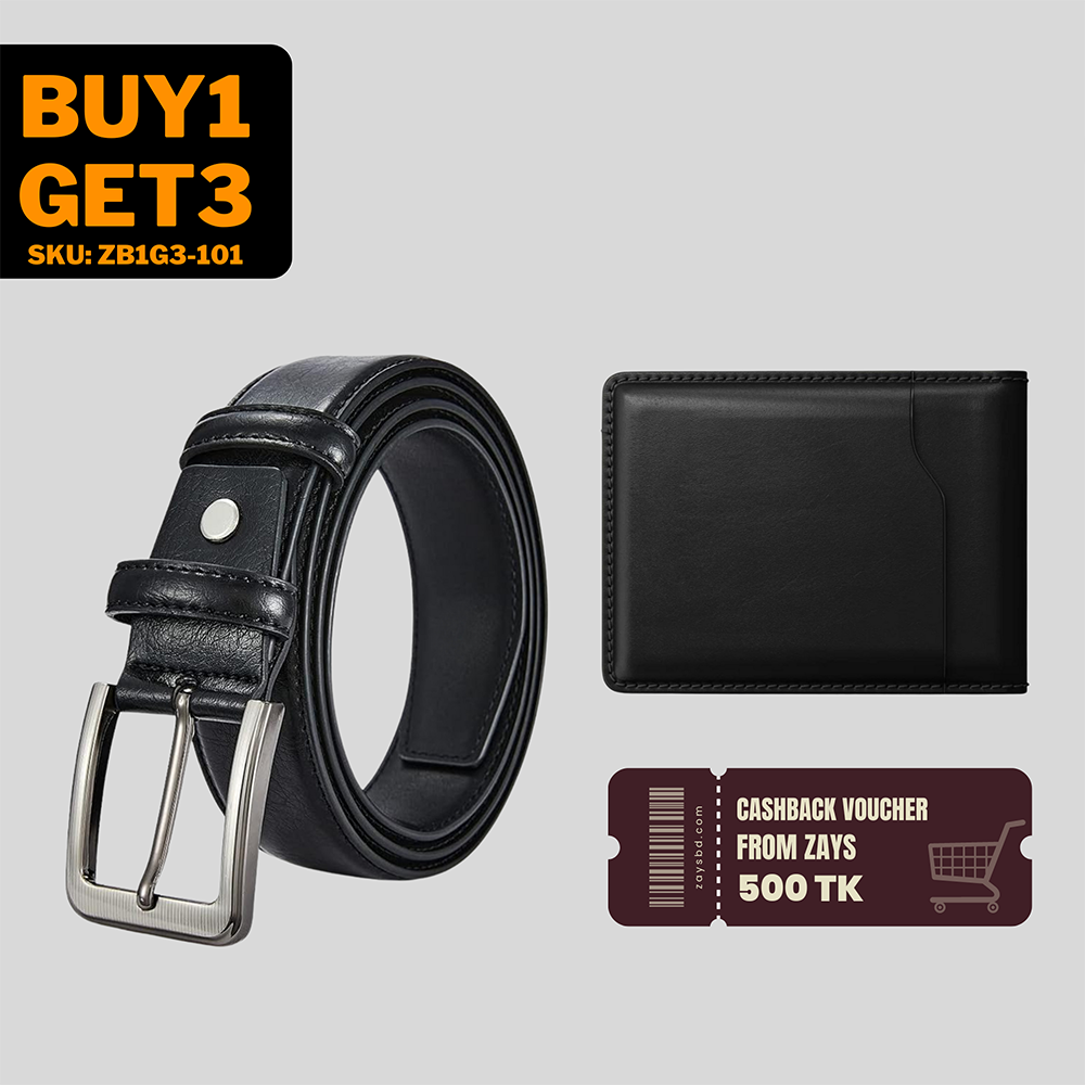 Buy 1 Get 3 Leather Belt and Free Leather Wallet and Cashback Voucher - Black - ZB1G3-101