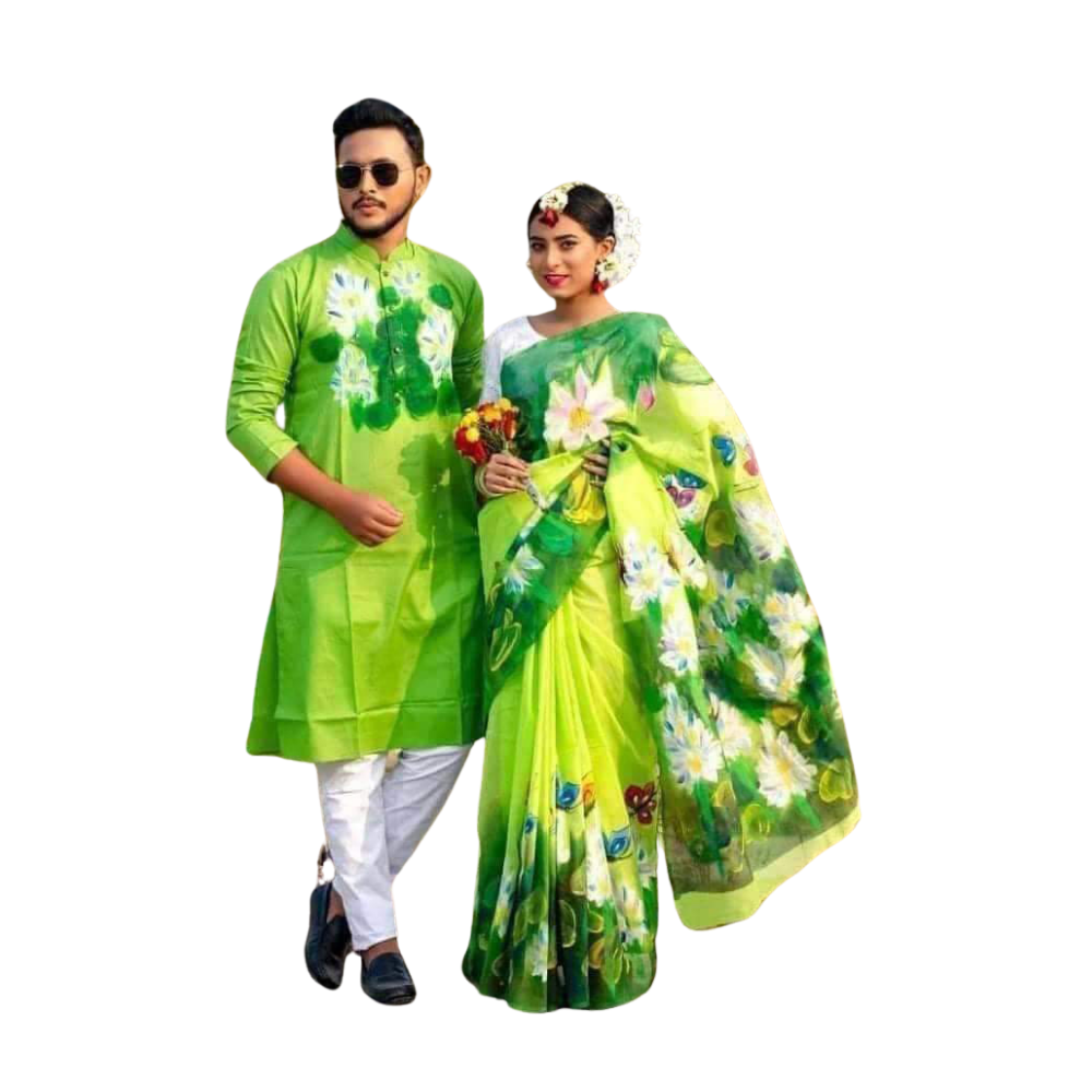 Cotton Silk Saree and Dhupian Cotton Panjabi Couple Dress - Bright Olive - SC61
