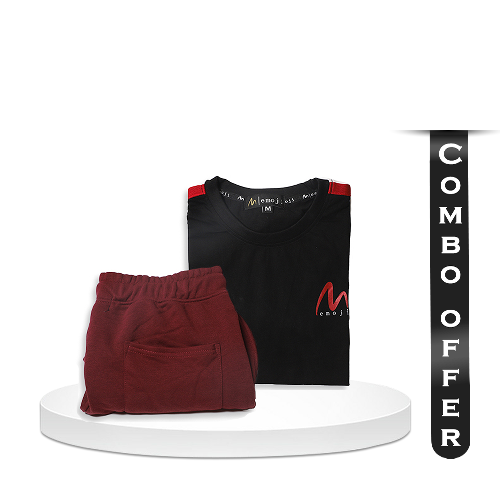 Combo Of Cotton Half Sleeve T-Shirt & Terry Joggers For Men - Maroon & Black - EMJ#BSTMJC